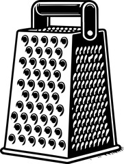 Illustration of a box grater with multiple grating surfaces and a handle on top in black and white