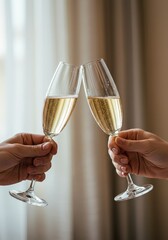Two hands clinking champagne glasses in celebration with bubbles