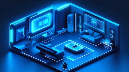 Futuristic blue living room design.