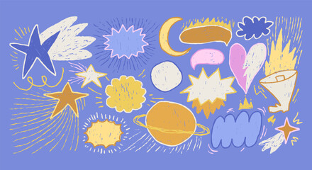 Chalk kid drawn cosmic doodles with stars, hearts, clouds, moon, planet shapes. Whimsical pencil crayon sketchy elements.