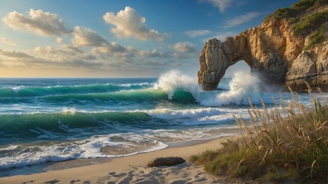 Majestic coastal scene featuring crashing waves against a rocky arch at sunset with golden sands - Powered by Adobe