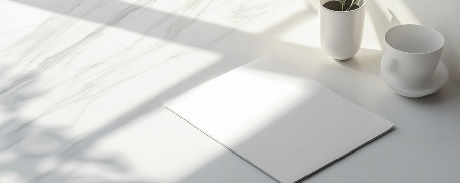 Minimalist Setup with White Cups and Paper on Marble Surface