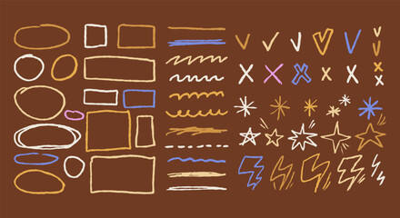 Crayon doodle line symbol set checkmarks, crosses, sketch lines, stars, lightning bolts, speech bubbles. Pastel pencil kid drawing for notes.
