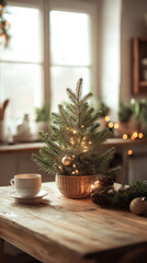 Small, decorated Christmas tree resting on a wooden table, enhancing a cozy Scandinavian kitchen interior filled with warm lights and stylish green furniture, creating a festive atmosphere