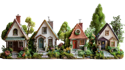  Whimsical and Enchanting Miniature Storybook Cottages Set Within Serene and Picturesque isolated on a transparent background