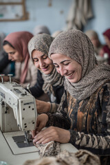 A sewing workshop where refugee women stitch clothes using donated machines Smiles and teamwork fill the space