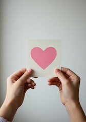 Hands holding pink heart card against gray background