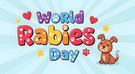 Naklejka premium World rabies day celebration with cute dog and colorful text