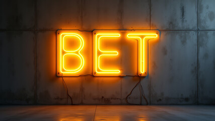 BET glowing in amber neon inside concrete industrial room
