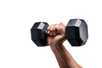 Hand holding a black dumbbell isolated on transparent background
