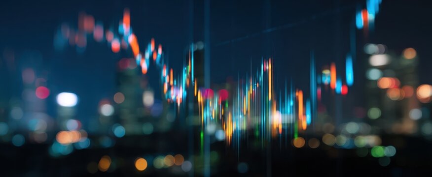 The City Skyline with Blurred Neon Lights and Overlaid Financial Data Visualization