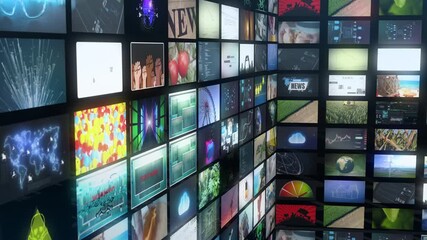 Dynamic view of a multi-panel display wall with vivid content tiles ranging from agriculture to finance, healthcare, digital data, and eco-themes under cinematic lighting. - Powered by Adobe