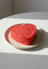 Heart-shaped red cake on beige plate in sunlit minimalist setting