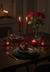 Romantic candlelit dinner setting with red roses and elegant tableware