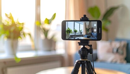 Smartphone on Tripod Capturing Interior Scene with Plants and Natural Light