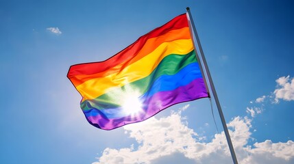 A bright rainbow pride flag waves proudly against a clear blue sky with scattered clouds on a sunny day.