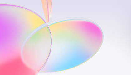 Abstract 3d background with rainbow glass circle discs flying in air. Crystal light holographic round disks, color plastic translucent plates with bright neon gradient and blur effect. 3D illustration