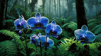 Vibrant blue orchids blooming in a lush green forest, surrounded by misty trees and ferns