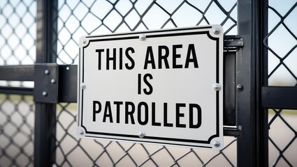Signage on a fenced gate indicating that the area is under patrol for security purposes.
