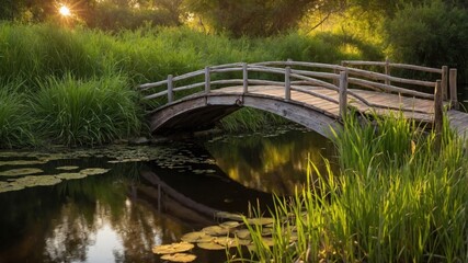 Fototapeta premium Serene wooden bridge over calm waters surrounded by lush greenery at sunset in a tranquil setting