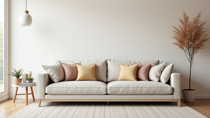 Naklejka premium SOFA spelled using throw pillows on neutral beige interior couch