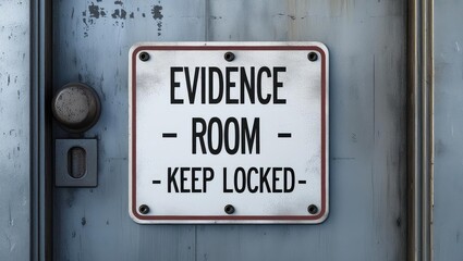 A weathered sign on a locked door indicating an evidence room, emphasizing security and secrecy.