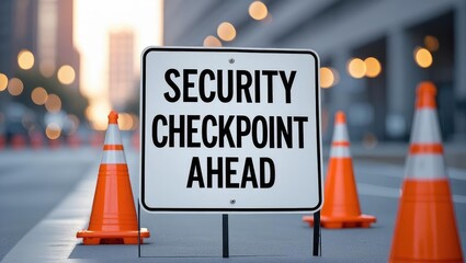 A security checkpoint sign stands on a city street with orange cones, indicating an area of restricted access ahead.