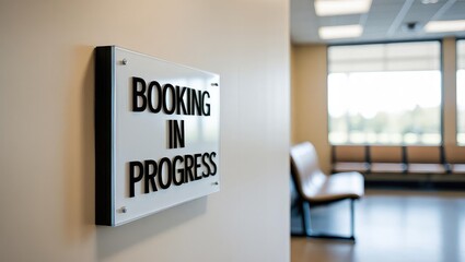 Sign indicating "Booking in Progress" in a waiting room with a bench and bright natural light.