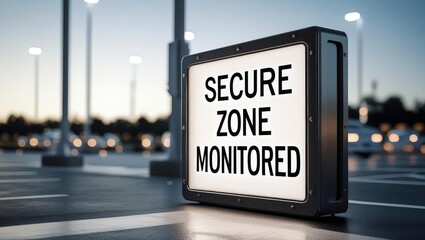 A illuminated sign indicating a secure monitored zone in an urban setting, with blurred lights from parked cars in the background.