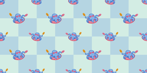 Colorful seamless pattern featuring playful octopuses with ice cream on light blue fabric