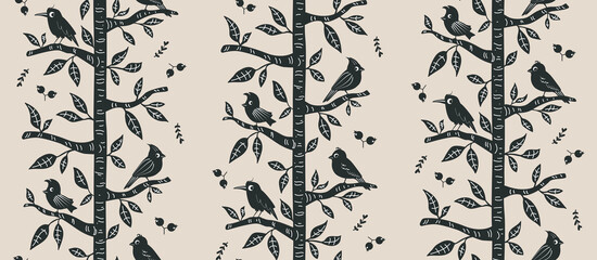 scandinavian block print woodland trees and cute birds stripes seamless pattern  in black white and tan, hand drawn nordic forest repeat design print