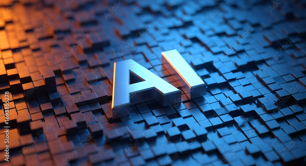 Aufkleber artificial intelligence concept with reflective letters and abstract cubes pattern