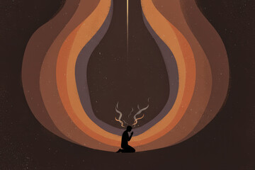 A silhouette prays in a dark abyss, a single beam of light offering hope. A conceptual illustration of Jonah's prayer from the deep, symbolizing faith, repentance, and deliverance.