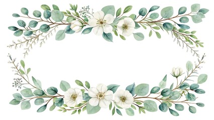 Watercolor floral frame with eucalyptus and white flowers isolated on white background, perfect for adding a touch of nature to your design