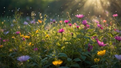 Fototapeta premium Vibrant wildflower meadow illuminated by soft sunlight, showcasing diverse blooms and natural beauty