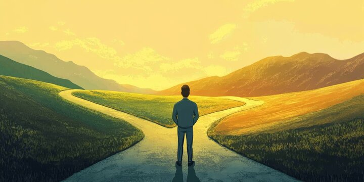 A solitary figure stands at a crossroads in a serene, expansive landscape under a golden sky.