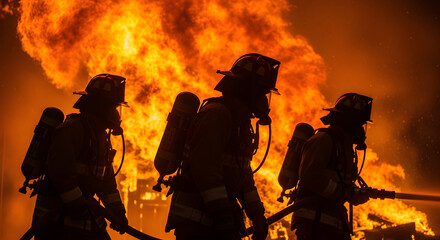 Obraz premium Firefighters battling a large fire with flames and smoke in the background