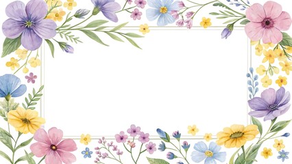 Obraz premium Watercolor floral frame isolated on white background with pastel flowers and greenery for wedding invitations and greeting cards