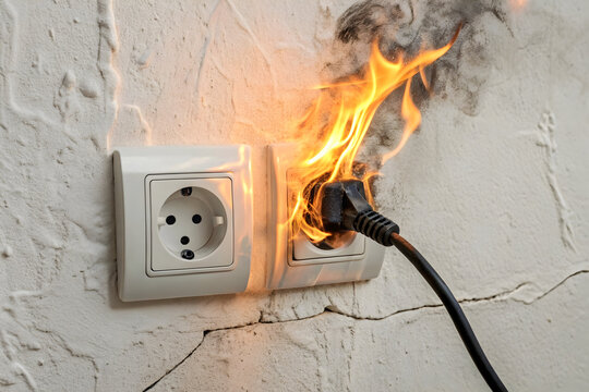 Electrical outlet on fire due to faulty wiring system on transparent background