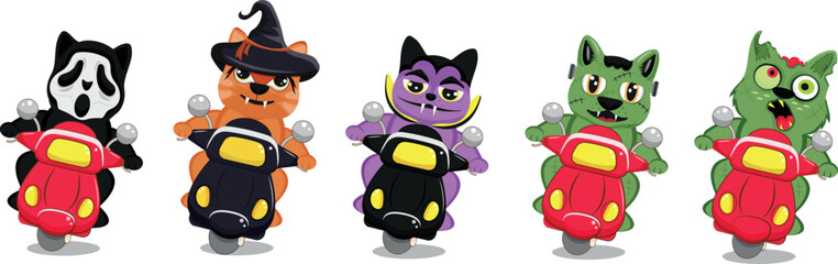 Set of Halloween characters of couriers who deliver goods on a moped. Cats in Halloween images of Frankenstein, witch, zombie, Dracula and in a scream mask. For festive Halloween designs