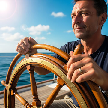 A man at the helm of a sailing boat, enjoying a sunny day on the sea.