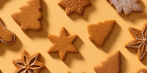 Top view of Christmas gingerbread cookies on clean background