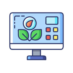 Computer screen displaying green leaves and droplet data for environmental monitoring concept