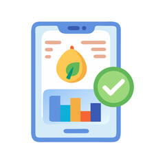 Mobile health application showing data with pear symbol and successful task completion icon