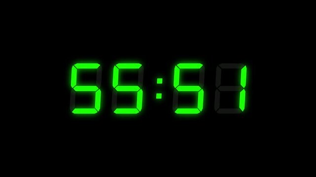 Green Digital Countdown Timer Starting at 60:00 (1 minute) on Black Background, Featuring High-Visibility LED Display. 4K Motion Graphics