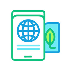 Sustainable technology icon depicting a mobile device with globe and leaf symbol