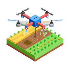 Agricultural Drone Spraying Crops in Isometric View, Precision Farming Technology Illustration
