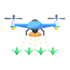 Agricultural drone spraying fertilizer on crops in flat vector illustration on black background