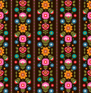 floral geometric stripes in pink yellow orange aqua blue green chartreuse colors on dark ground seamless pattern, vector illustration repeat design print