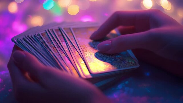 A person shuffles tarot cards in a softly lit space while colorful lights create a mystical atmosphere